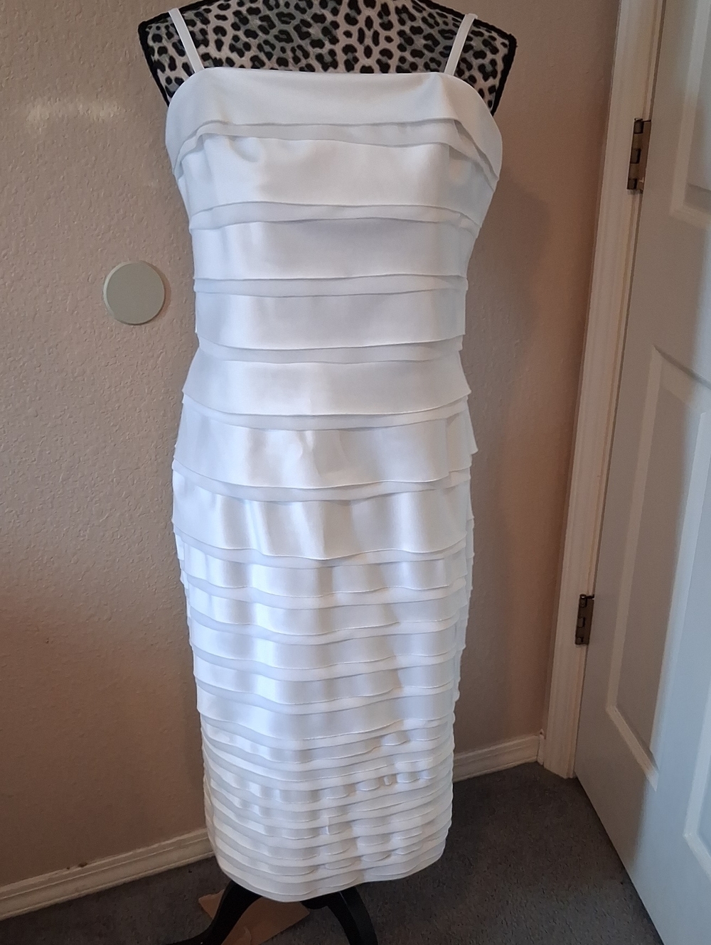 White House Black Market Elegant White Sleeveless Tiered Midi Dress. Pearl Satin